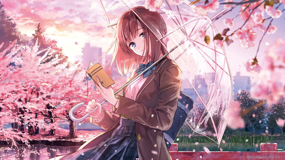 Обои для рабочего стола Девушка в школьной форме под прозрачным зонтом, держит в руке книгу, среди цветущих сакур
