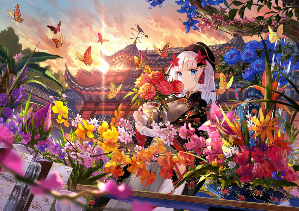 Обои для рабочего стола Голубоглазая девушка с длинными белокурыми волосами, держит вазу с цветами среди цветов, бабочек на фоне дома, оригинальная работа by Fuji Choko