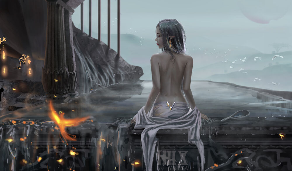 Обои для рабочего стола Фэнтезийная девушка-эльфийка сидит возле водопада, by YDIYA