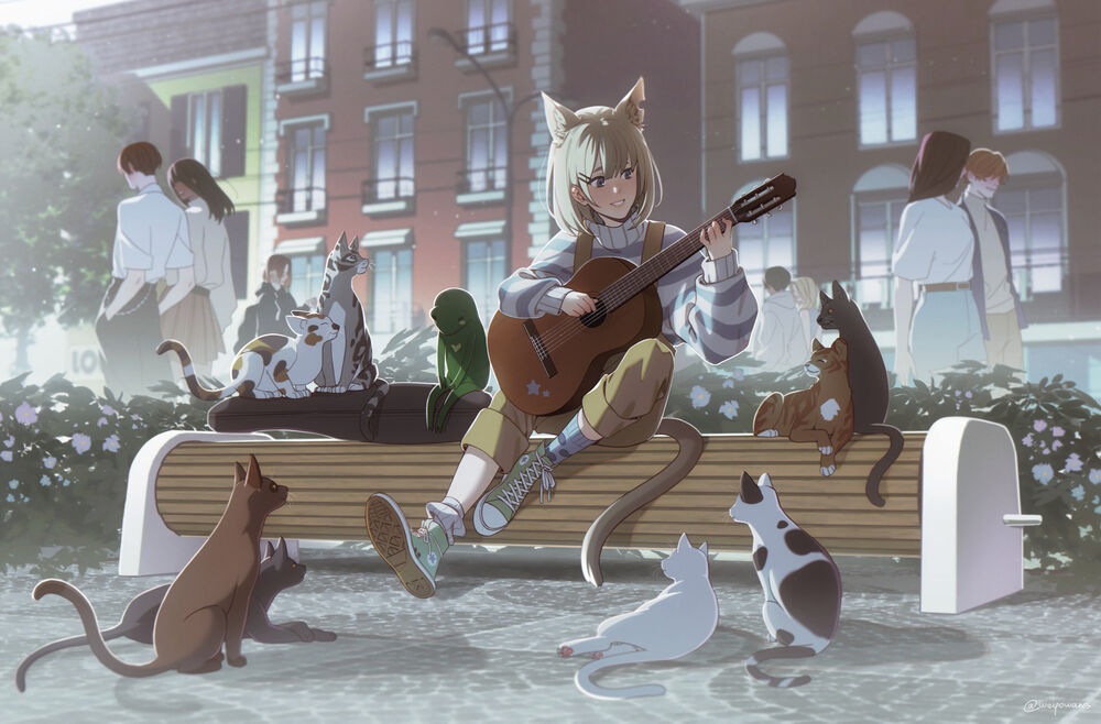 Обои для рабочего стола Девочка с кошачьими ушками и хвостом сидит на лавочке в окружении кошек и играет на гитаре