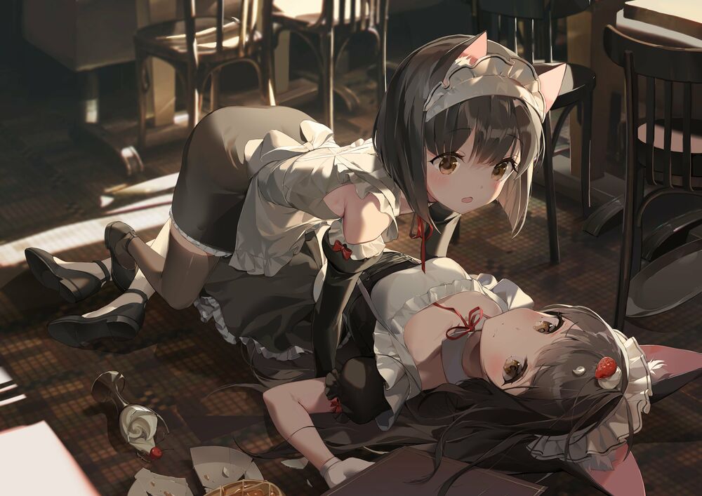 Обои для рабочего стола Девушки Mutsu / Муцу и Nagato / Нагато лежат на полу, персонажи из видеоигры Azur Lane, by Chyo