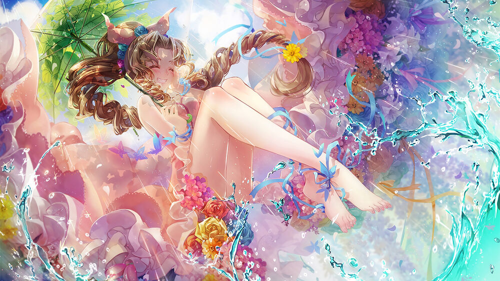 Обои для рабочего стола Улыбающаяся Айрис Гейнсборо / Аэрис / Aerith Gainsborough / Aeris из видеоигры Последняя фантазия 7 / Final Fantasy VII среди воды и цветов с зонтиком