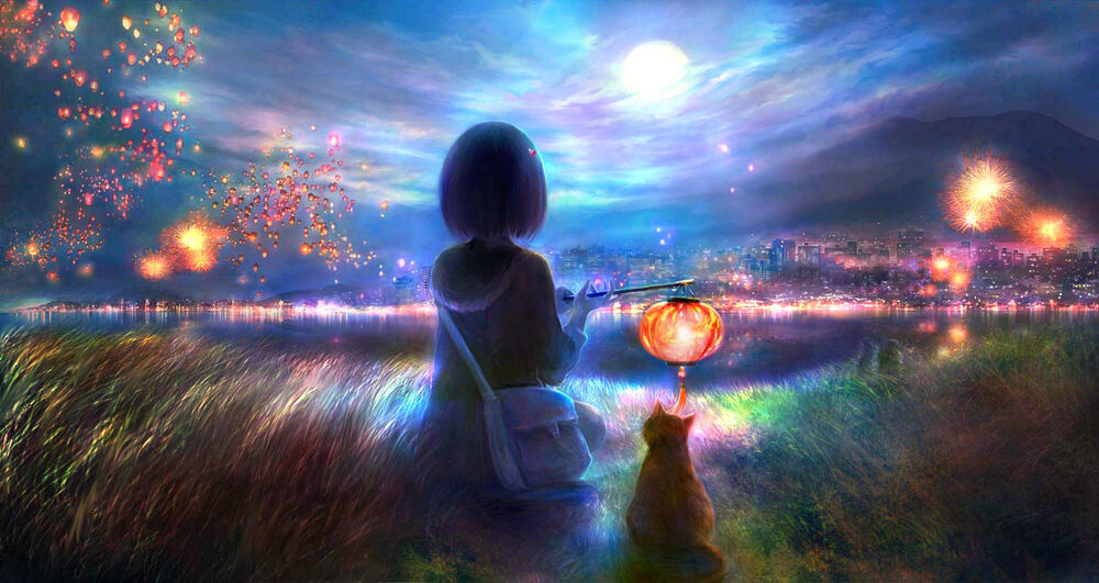 Обои для рабочего стола Девочка с фонариком в руке и рыжий кот смотрят на фейерверк, by 00