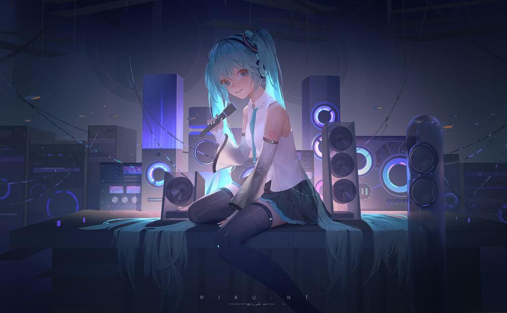 Обои для рабочего стола Vocaloid Miku Hatsune / Вокалоид Мику Хатсуне сидит на сцене, by Echo