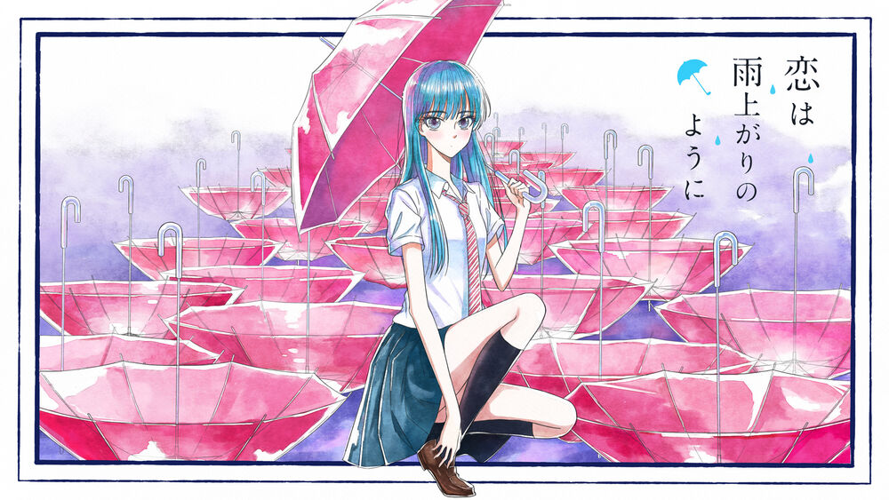 Обои для рабочего стола Девочка Akira Tachibana с голубыми волосами в школьной форме сидит под розовым зонтиком, аниме Koi wa Ameagari no You ni / Любовь похожа на прошедший дождь