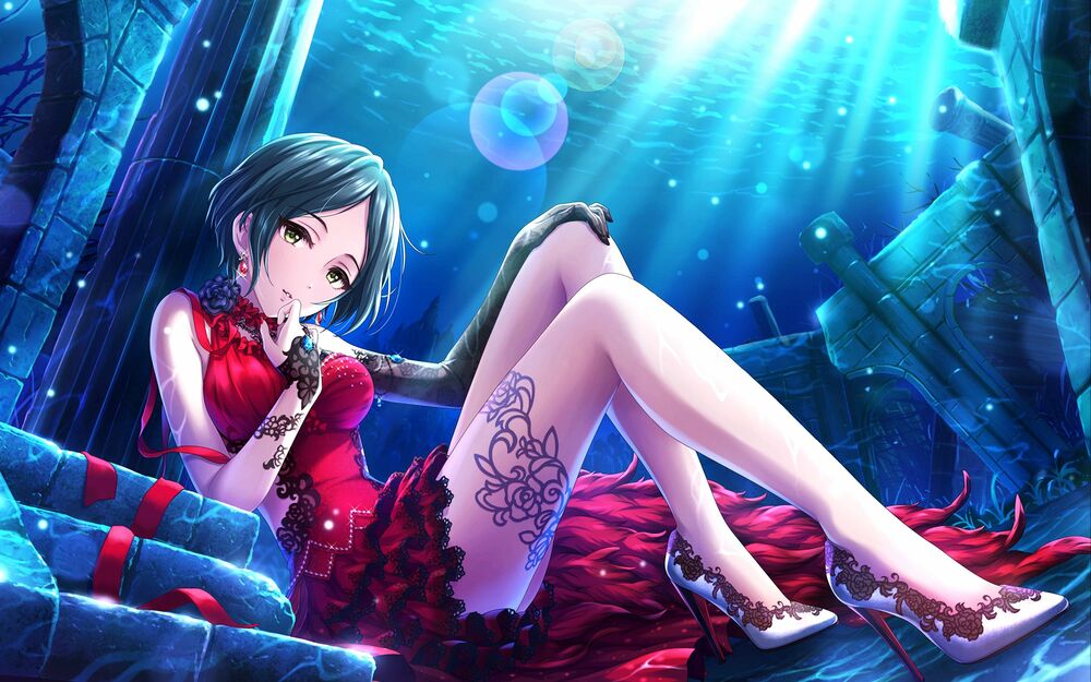 Обои для рабочего стола Хаями Канаде / Kanade Hayami в красном платье, в туфлях сидит под водой, аниме Идолмастер / The Idolmaster