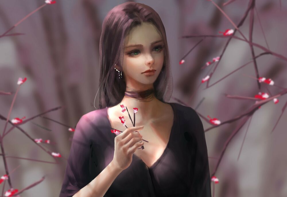 Обои для рабочего стола Девушка c весенней веточкой в руке, by zii_xd