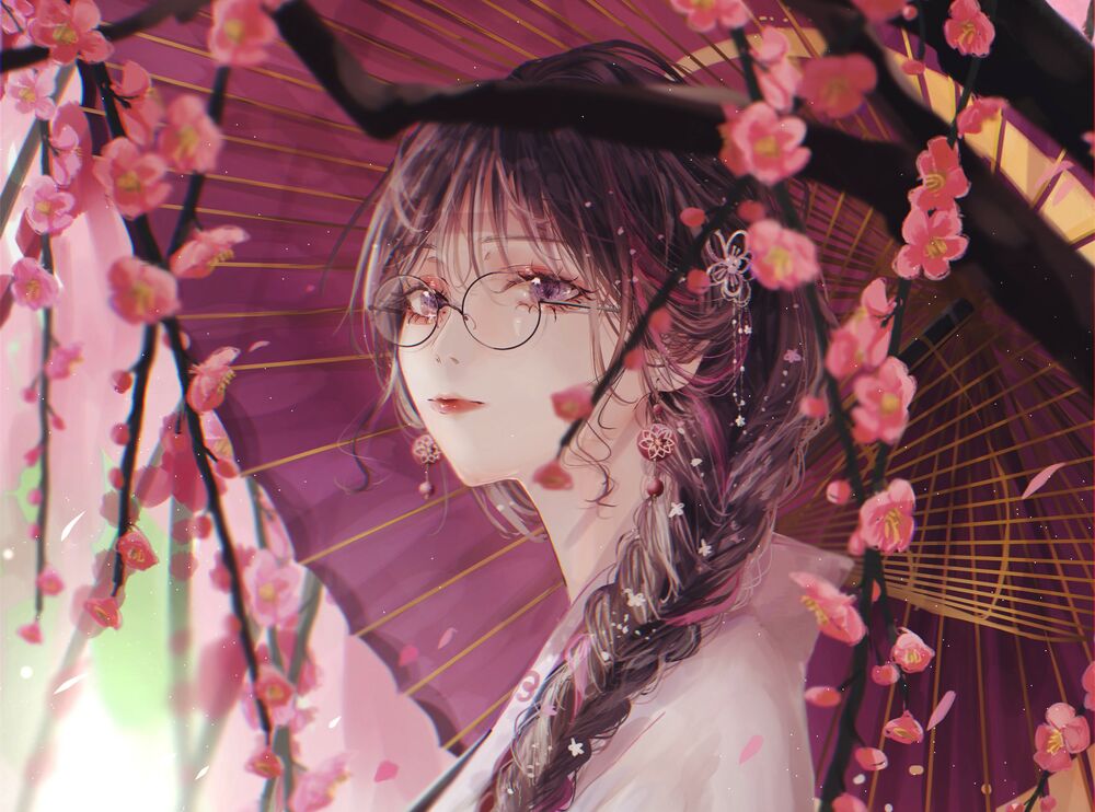 Обои для рабочего стола Девушка в очках стоит под зонтиком у цветущей ветки сакуры