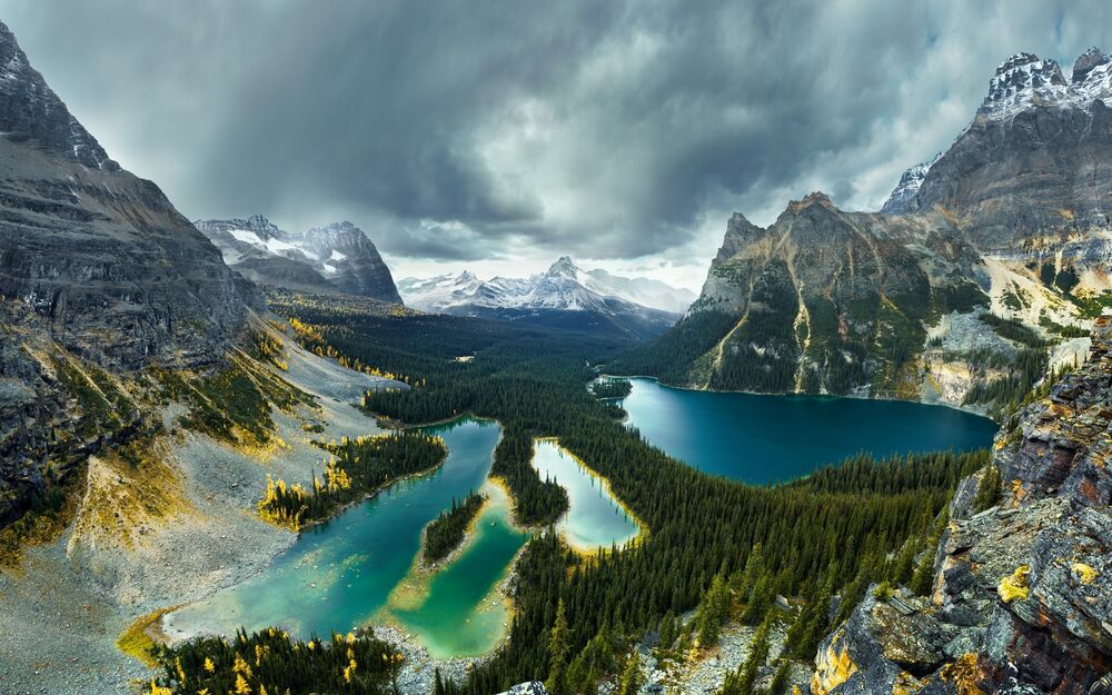Обои для рабочего стола Вид на Lake O Hara / озеро О-Хара и гор с Cathedral Mountain / Кафедральной горой вдалеке, Yoho National Park, Field, British Columbia, Canada / Национальный парк Йохо, Филд, Британская Колумбия, Канада