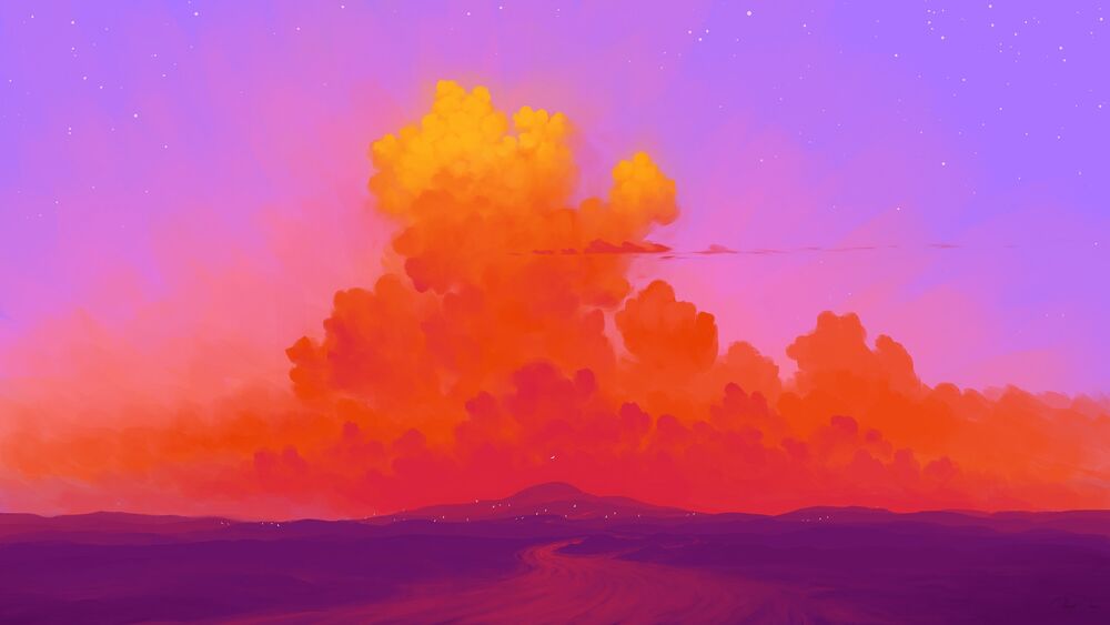 Обои для рабочего стола Красное облачное небо над горным горизонтом, digital art by BisBiswas