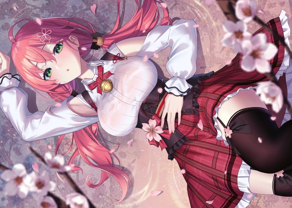 Обои для рабочего стола Sakura Miko лежит в луже под ветвями цветущей сакуры, виртуальный ютубер Hololive, art by Yaye