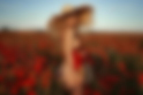 Обои на рабочий стол Девушка-модель Lilit Kashuba в соломенной шляпе стоит на маковом поле, фотограф Nick Kashuba