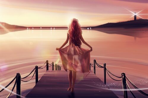 Обои на рабочий стол Девушка стоит на мостике на фоне моря, by Johanlsn