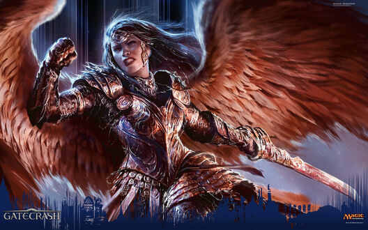 Обои на рабочий стол Девушка - воин - Magic The Gathering - Ангельский застрельщик. Художник:David Rapoza / Давид Рапоза