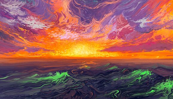 Обои на рабочий стол Закат солнца над морем, Malachite Sea / Малахитовое Море, by Hangmoon