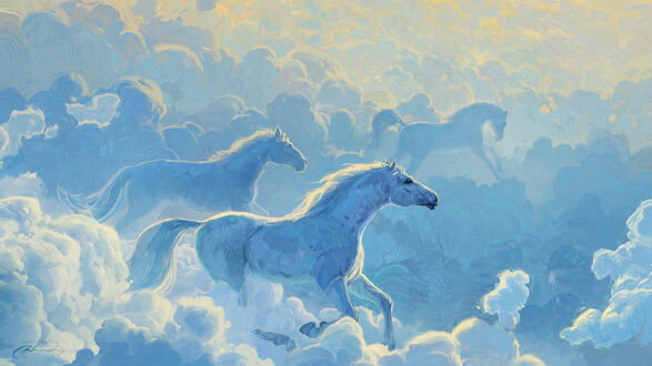 Обои на рабочий стол Белые кони в облаках (Галоп), by RHADS