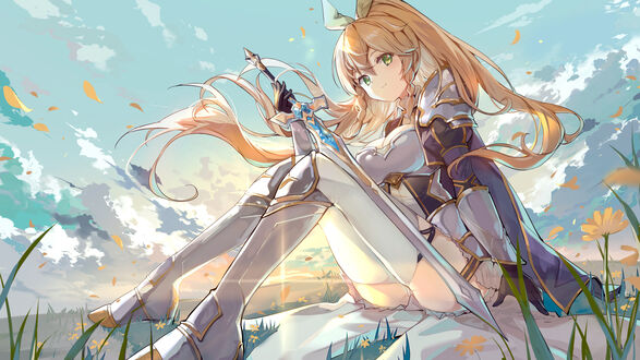 Обои на рабочий стол Leafa / Лифа сидит на траве на фоне заката, персонаж из аниме Sword Art Online / Мастера меча онлайн, art by Elise (piclic)