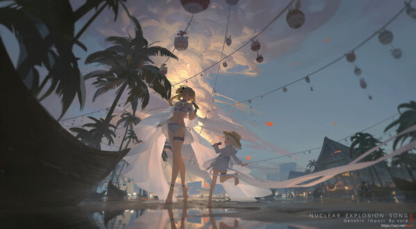 Обои на рабочий стол Klee / Кли с девочкой, персонажи из видеоигры Genshin Impact, art by Void Ling