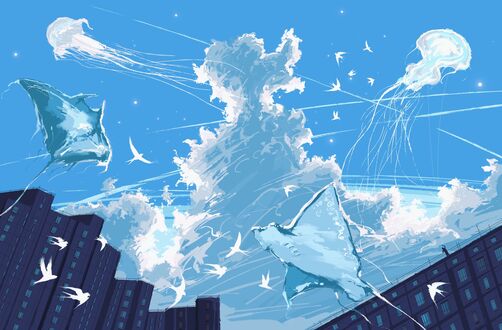 Обои на рабочий стол Скаты, медузы и птицы в небе над домами, by Fangpeii