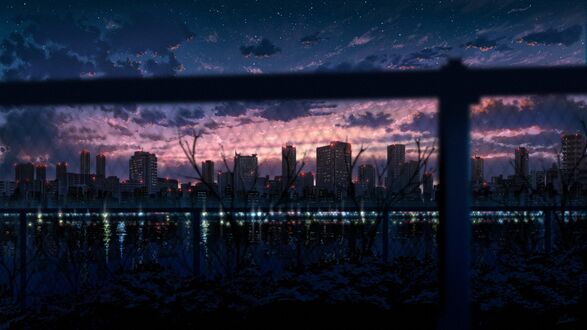 Обои на рабочий стол Пейзаж вечернего города у реки на фоне закатного облачного неба