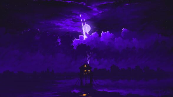 Обои на рабочий стол Дом со светящимися окнами ночью - Вместе наедине / Together Alone, digital art by BisBiswas