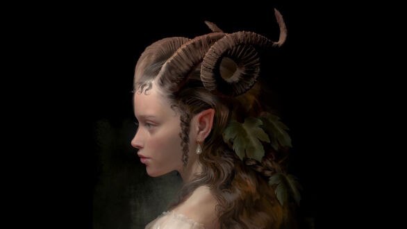 Обои на рабочий стол Портрет девушки-эльфийки на черном фоне с рожками на голове, by Toraji