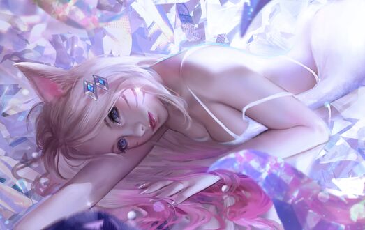 Обои на рабочий стол Ahri / Ари в белом платье, персонаж из игры League of Legends / Лига Легенд, art by Princessalayne