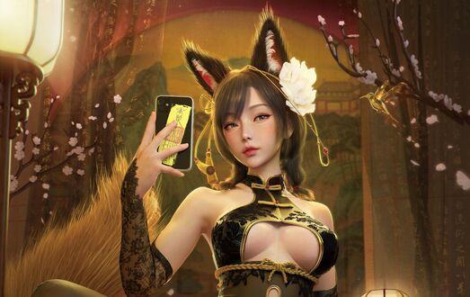 Обои на рабочий стол Девушка-лиса делает селфи на телефон, by Yuan Yuan