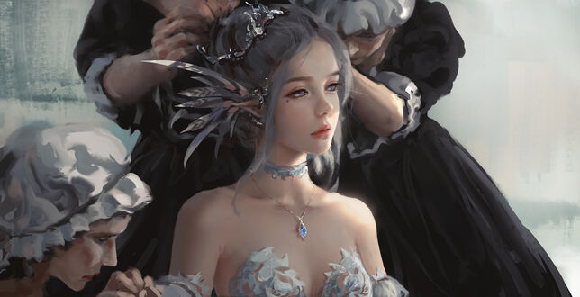 Обои на рабочий стол Служанки одевают Princess Yan / Принцесса Ян, персонаж из веб комикса Ghost Blade / Призрачный клинок, art by WLOP
