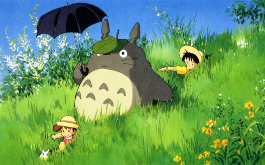 Обои на рабочий стол Мэй Кусакабэ / Mei Kusakabe, Сацуки Кусакабэ / Satsuki Kusakabe и Тоторо / Totoro из аниме Мой сосед Тоторо / Tonari no Totoro