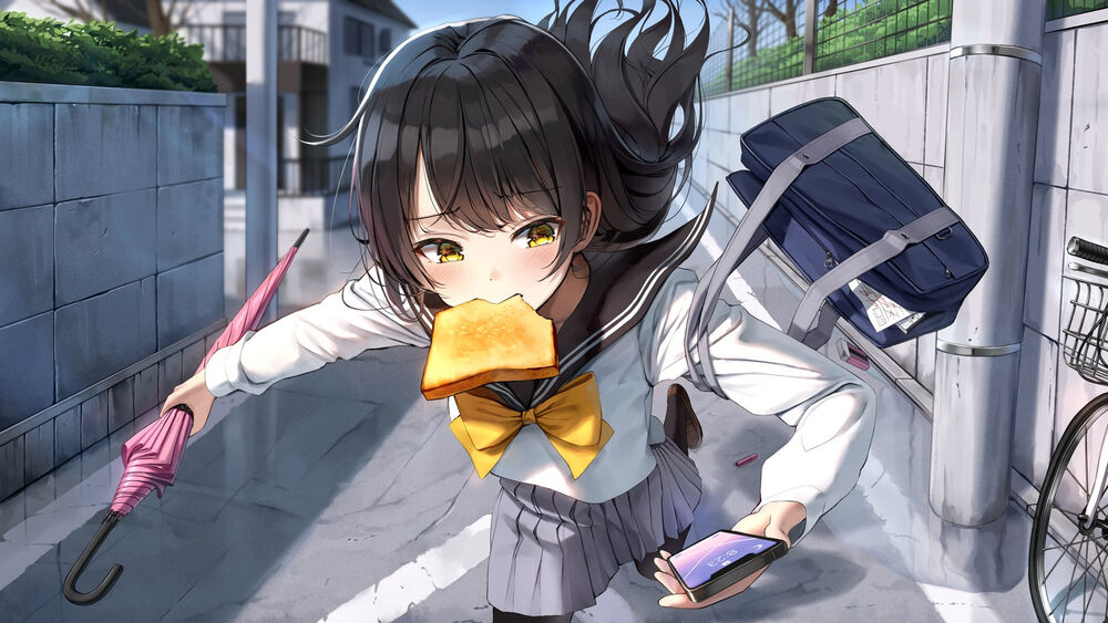 Обои для рабочего стола Девушка-школьница с бутербродом во рту, зонтиком и телефоном в руках бежит по улице, by superpig
