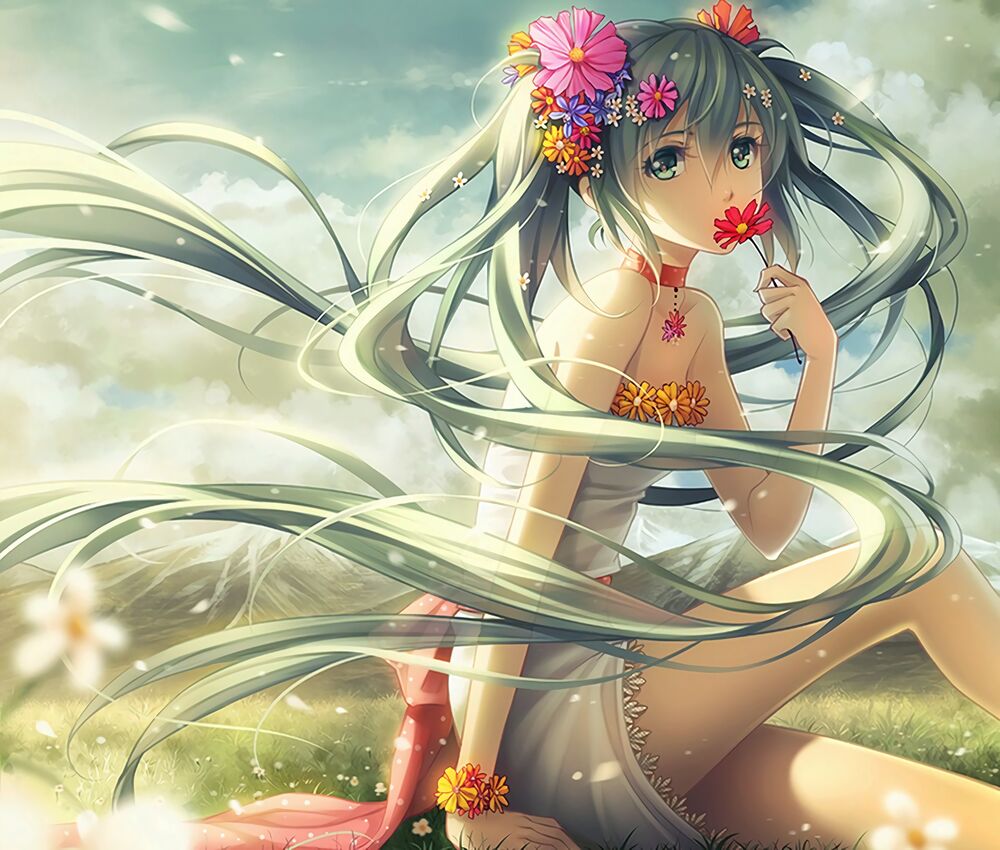 Обои для рабочего стола Vocaloid Hatsune Miku / Вокалоид Хатсунэ Мику с венком на голове нюхает красный цветок на фоне облаков