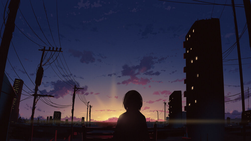 Обои для рабочего стола Девушка стоит на улице в лучах закатного солнца, by samuel-one