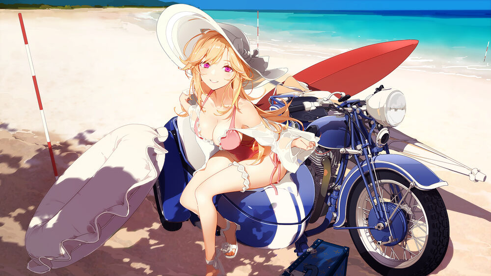 Обои для рабочего стола Девушка Richelieu, персонаж из аниме Azur Lane сидит на мотоцикле, by Manabi