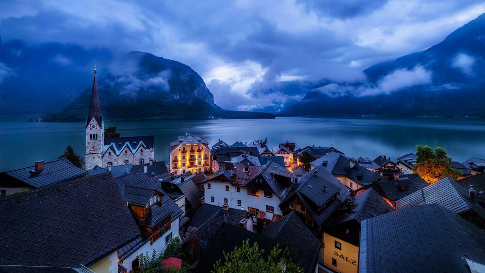 Обои для рабочего стола Рассвет в Austria, Alps, Lake Hallstatt, / Австрии, на Гальштатском озеро, Альпы