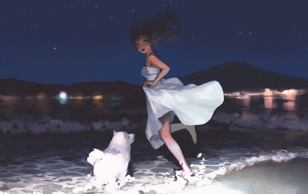 Обои для рабочего стола Девушка в белом платье бежит с собачкой по ночному берегу моря, by k1llg