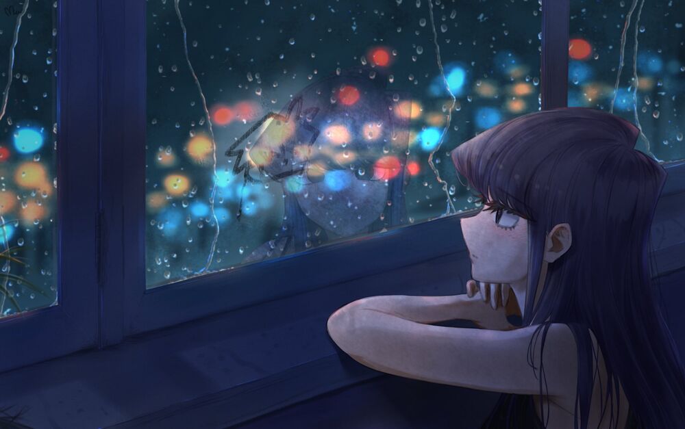 Обои для рабочего стола Секо Коми / Shouko Komi из аниме и манги У Коми проблемы с общением / Komi-san wa, Comyushou desu. смотрит на рисунок на окне, за котором видны огни города