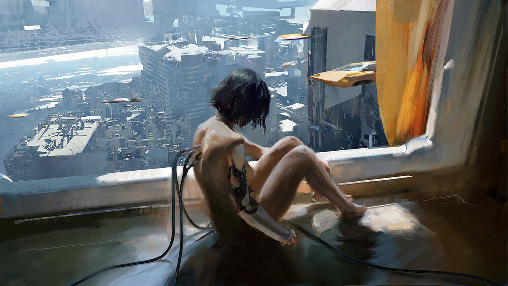 Обои для рабочего стола Девушка-киборг сидит возле окна, digital art by Huang Fan