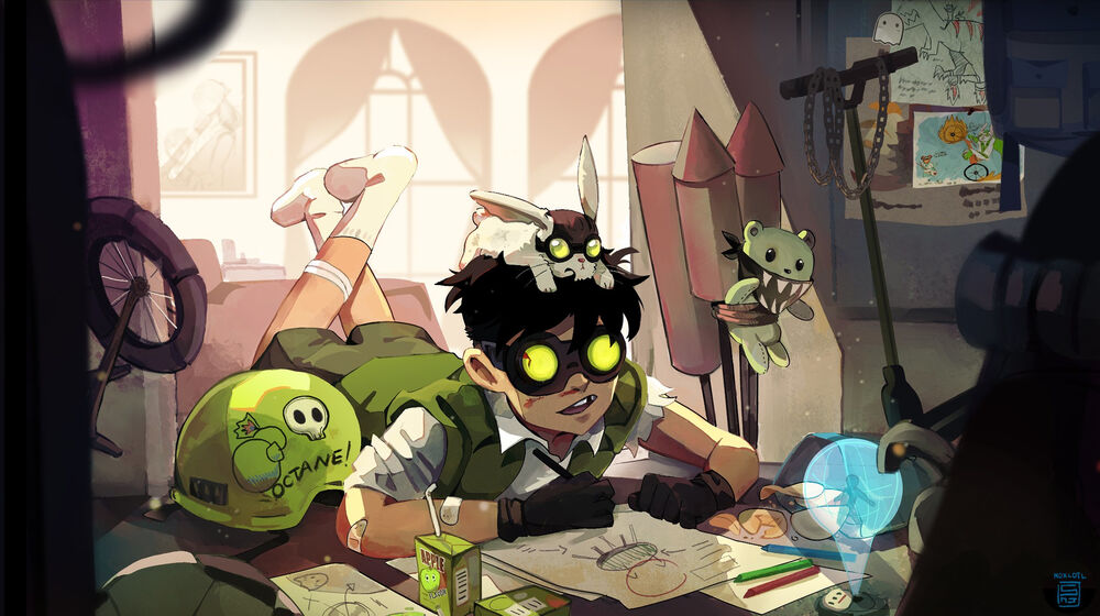 Обои для рабочего стола Маленький Oktane в зеленых очках, персонаж из видеоигры Apex Legends, by Noxlot