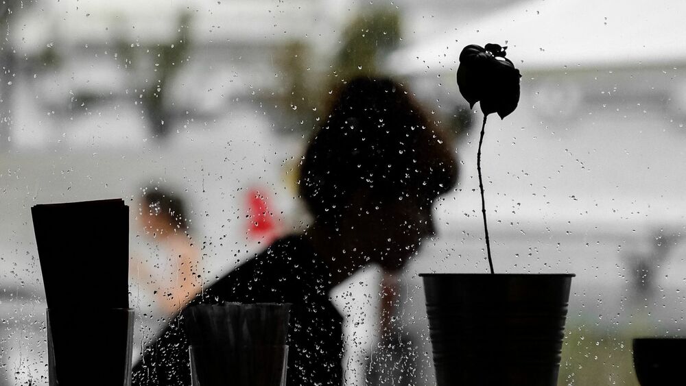 Обои для рабочего стола Окно с каплями воды и цветком, сквозь которое виден силуэт девушки