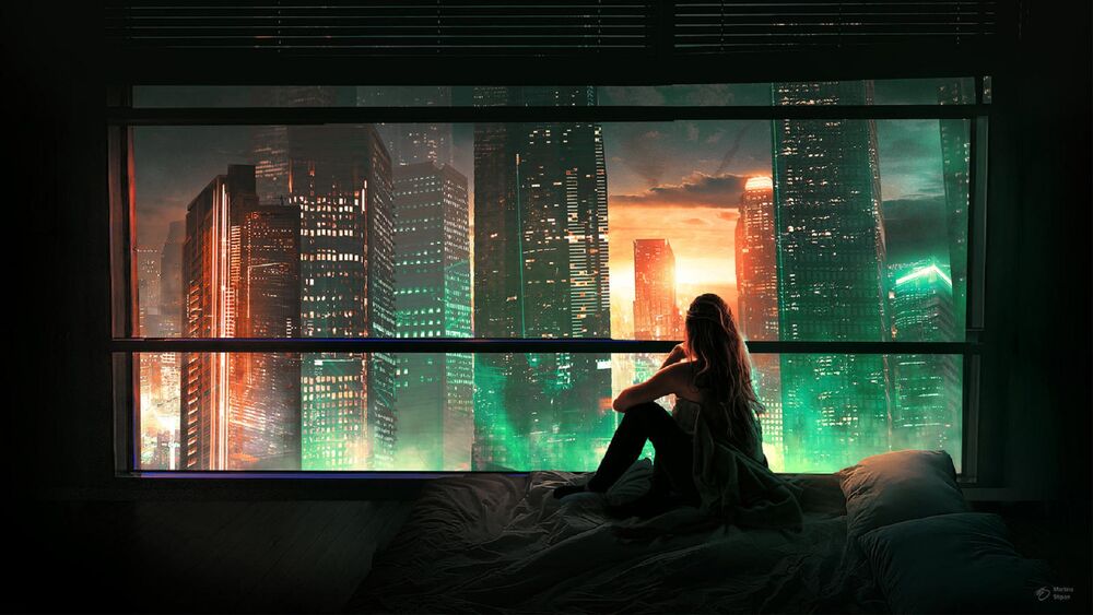 Обои для рабочего стола Девушка сидит на кровати у окна и смотрит на ночной город, by t1na