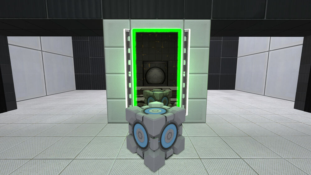 Обои для рабочего стола Кубик, лежащий на полу одной из испытательных комнат, вымышленной лаборатории Aperture Science, на фоне открытого зеленого временного портала, который ведет в эту же комнату на 20 лет вперед. Из модификации к игре Portal, под названием Reloaded