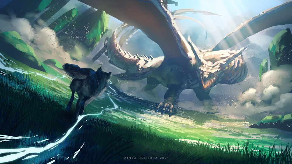 Обои для рабочего стола Волк вышел из леса на бой с драконом, digital art by Minju