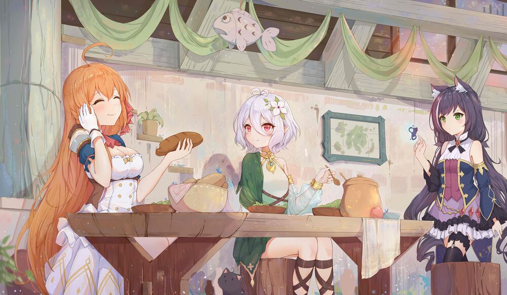 Обои для рабочего стола Pecorine, Natsume Kokoro и Karyl трапезничают сидя за столом, персонажи из игры Princess Connect! / Связь принцесс, art by Yajuu
