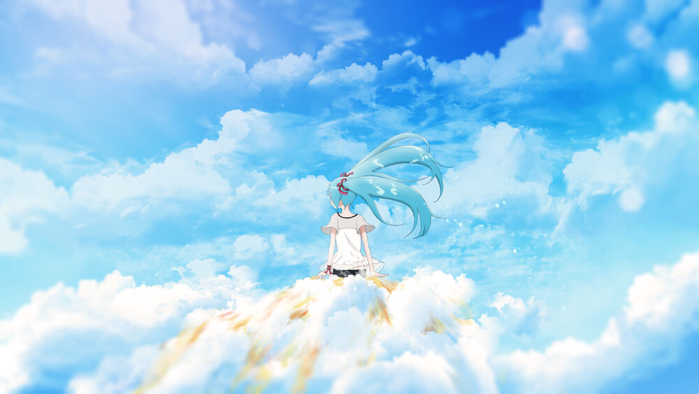 Обои для рабочего стола Vocaloid Hatsune Miku / Вокалоид Хатсунэ Мику сидит на облаке, by furi