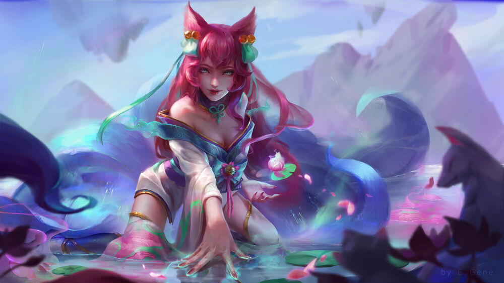 Обои для рабочего стола Девятихвостая лиса Ahri / Ари персонаж из игры League of Legends / Лига Легенд, art by EaGene