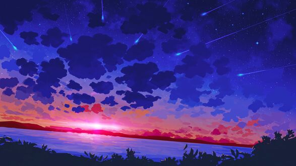 Обои на рабочий стол Пейзаж красного закатного неба над озером, digital art by Endy