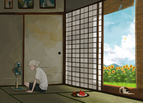 Обои на рабочий стол Девушка сидит на полу перед вентилятором