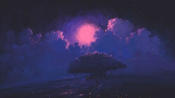 Обои на рабочий стол Отдыхающая розовая луна / Resting Ping Moon, пейзаж ночного неба, by BisBiswas