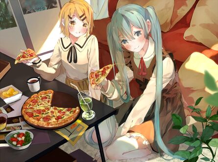 Обои на рабочий стол Vocaloid Kagamine Rin / Вокалоид Кагамине Рин и Vocaloid Hatsune Miku / Вокалоид Хатсунэ Мику